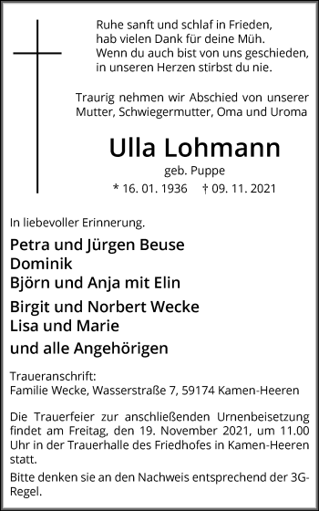 Traueranzeige von Ulla Lohmann von Hellweger Anzeiger