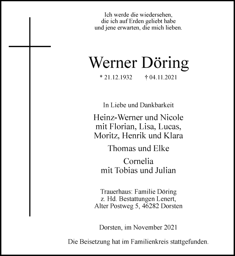  Traueranzeige für Werner Döring vom 13.11.2021 aus Ruhr Nachrichten und Dorstener Zeitung