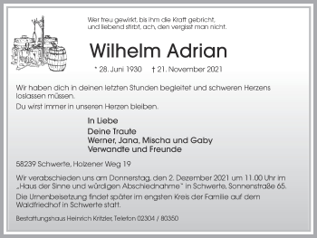 Traueranzeige von Wilhelm Adrian von Ruhr Nachrichten