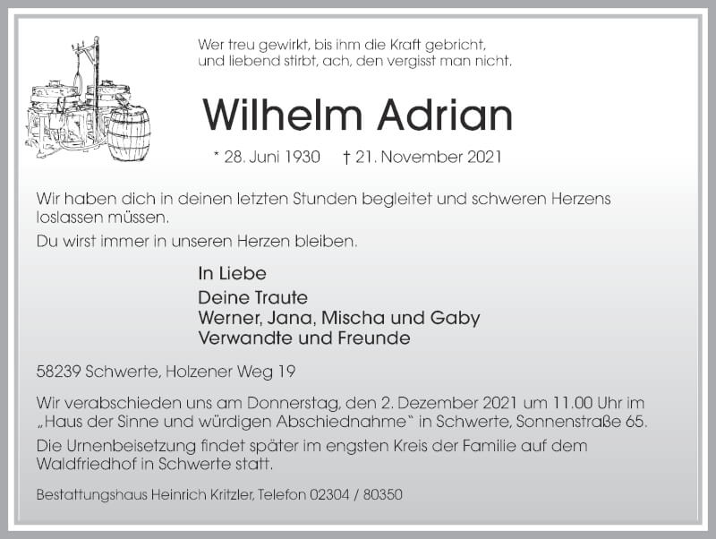  Traueranzeige für Wilhelm Adrian vom 27.11.2021 aus Ruhr Nachrichten