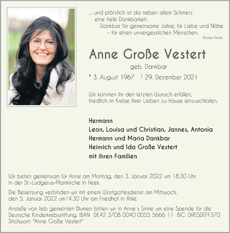  Traueranzeige für Anne Große Vestert vom 31.12.2021 aus Münstersche Zeitung und Münsterland Zeitung