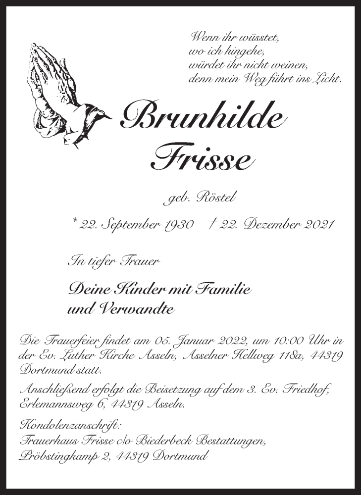  Traueranzeige für Brunhilde Frisse vom 31.12.2021 aus 