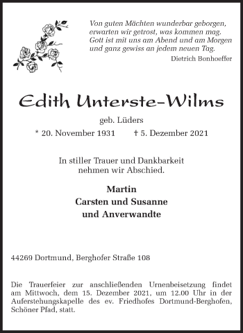 Traueranzeige von Edith Unterste-Wilms 