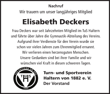 Traueranzeige von Elisabeth Deckers von Ruhr Nachrichten und Halterner Zeitung
