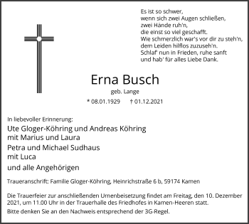 Traueranzeige von Erna Busch von Hellweger Anzeiger
