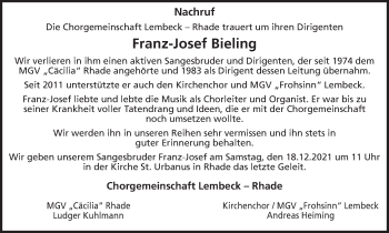 Traueranzeige von Franz-Josef Bieling von Ruhr Nachrichten und Dorstener Zeitung