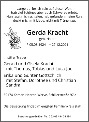 Traueranzeige von Gerda Kracht von Hellweger Anzeiger