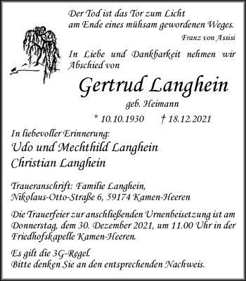 Traueranzeige von Gertrud Langhein von Hellweger Anzeiger