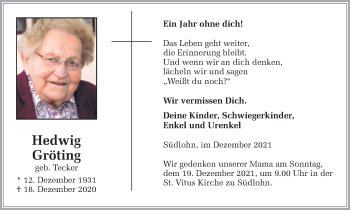 Traueranzeige von Hedwig Gröting von Münstersche Zeitung und Münsterland Zeitung