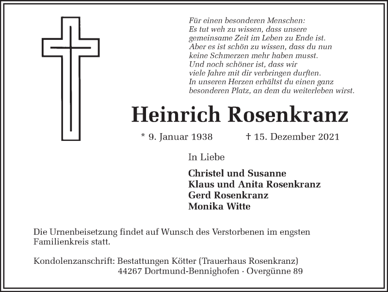  Traueranzeige für Heinrich Rosenkranz vom 18.12.2021 aus 
