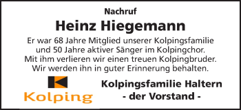 Traueranzeige von Heinz Hiegemann von Ruhr Nachrichten und Halterner Zeitung