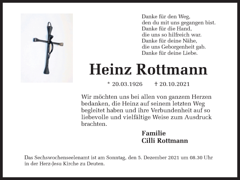  Traueranzeige für Heinz Rottmann vom 02.12.2021 aus Ruhr Nachrichten und Dorstener Zeitung