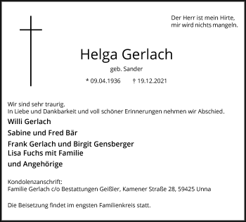 Traueranzeige von Helga Gerlach von Hellweger Anzeiger