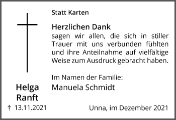 Traueranzeige von Helga Ranft von Hellweger Anzeiger