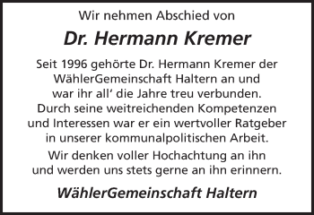Traueranzeige von Hermann Kremer von Ruhr Nachrichten und Halterner Zeitung