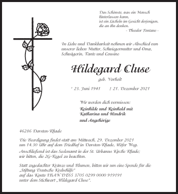 Traueranzeige von Hildegard Cluse von Ruhr Nachrichten und Dorstener Zeitung