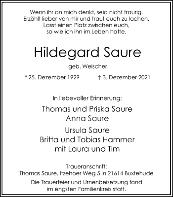 Traueranzeige von Hildegard Saure