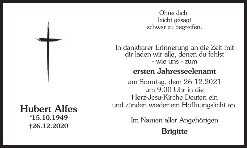  Traueranzeige für Hubert Alfes vom 23.12.2021 aus Ruhr Nachrichten und Dorstener Zeitung