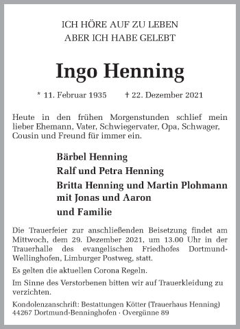 Traueranzeige von Ingo Henning 