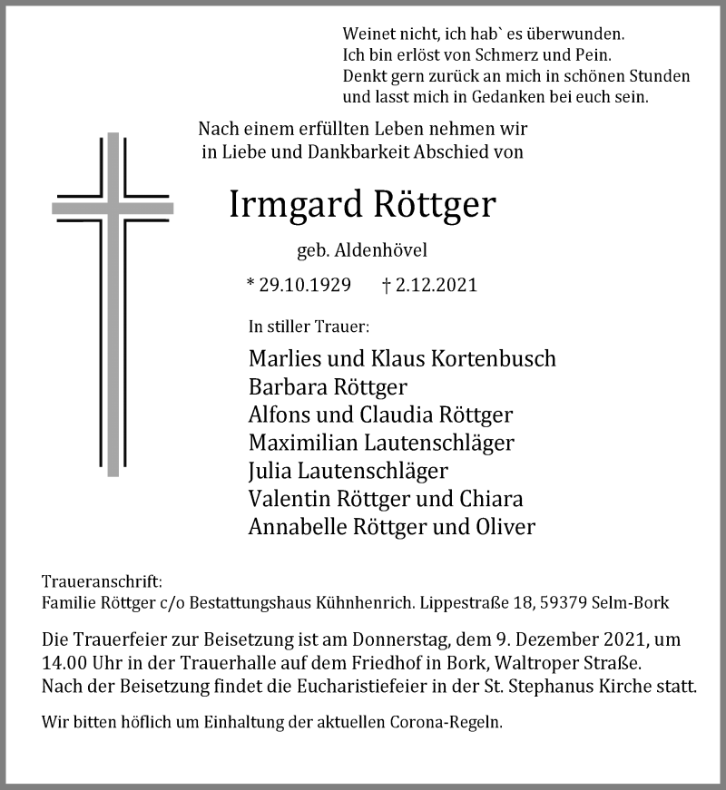  Traueranzeige für Irmgard Röttger vom 04.12.2021 aus Ruhr Nachrichten