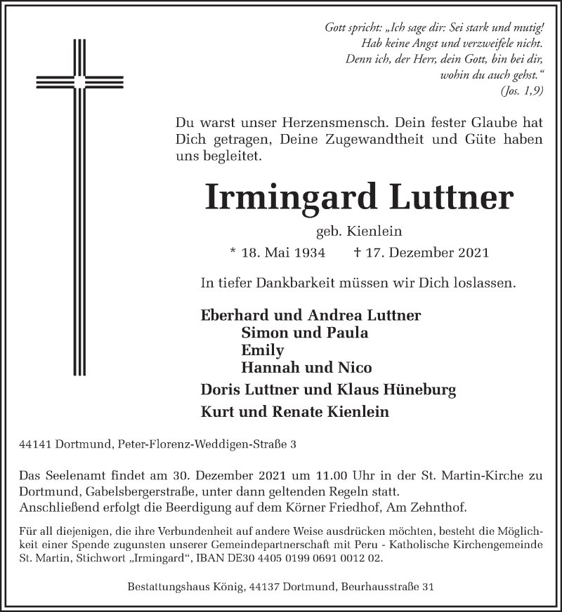  Traueranzeige für Irmingard Luttner vom 24.12.2021 aus 