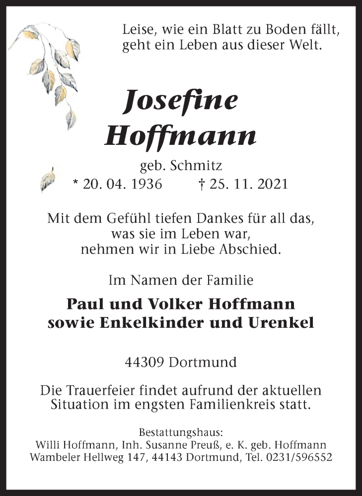  Traueranzeige für Josefine Hoffmann vom 04.12.2021 aus 