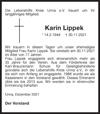 Traueranzeige von Karin Lippek von Hellweger Anzeiger