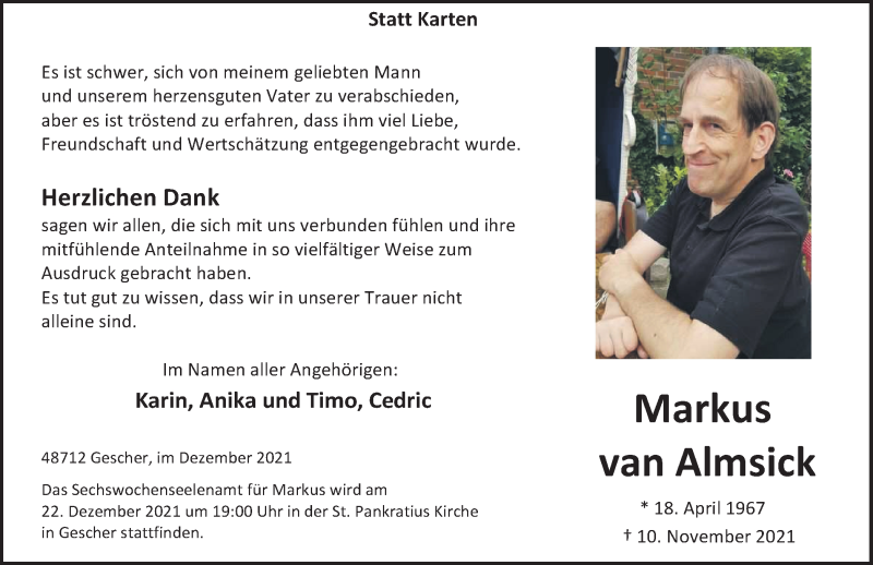  Traueranzeige für Markus van Almsick vom 18.12.2021 aus Münstersche Zeitung und Münsterland Zeitung