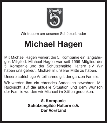 Traueranzeige von Michael Hagen von Ruhr Nachrichten und Halterner Zeitung