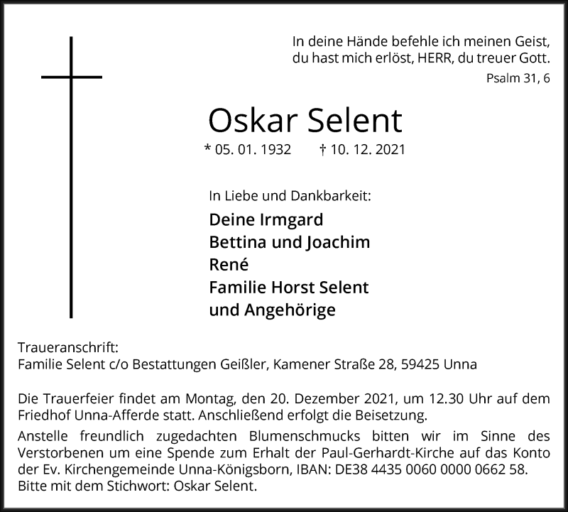  Traueranzeige für Oskar Selent vom 14.12.2021 aus Hellweger Anzeiger