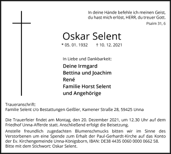 Traueranzeige von Oskar Selent von Hellweger Anzeiger