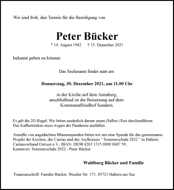 Traueranzeige von Peter Bücker von Ruhr Nachrichten und Halterner Zeitung