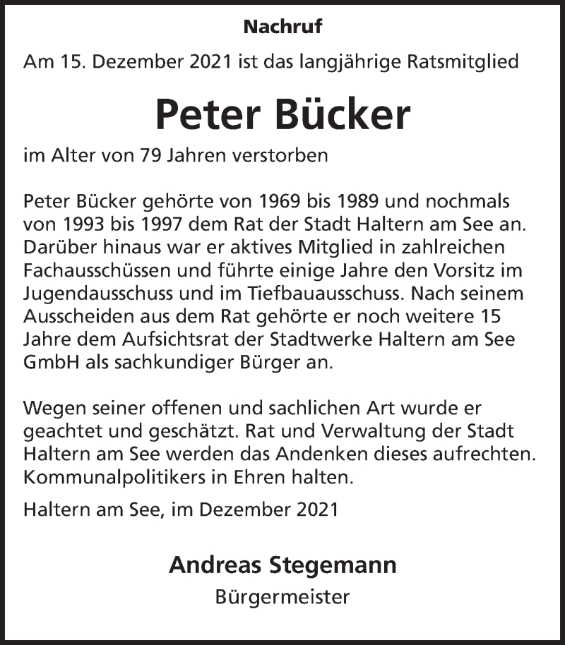  Traueranzeige für Peter Bücker vom 22.12.2021 aus Ruhr Nachrichten und Halterner Zeitung