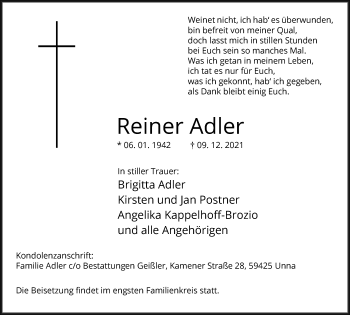 Traueranzeige von Reiner Adler von Hellweger Anzeiger