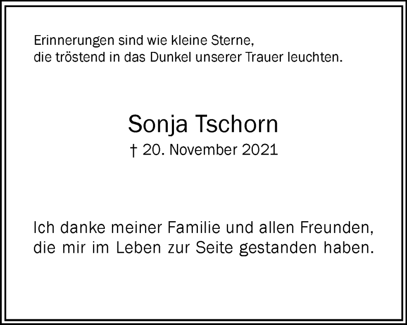  Traueranzeige für Sonja Tschorn vom 31.12.2021 aus Hellweger Anzeiger