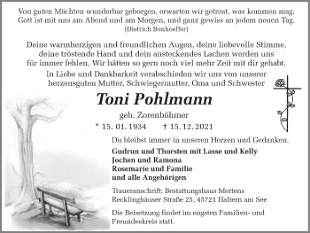 Traueranzeige von Toni Pohlmann von Ruhr Nachrichten und Halterner Zeitung