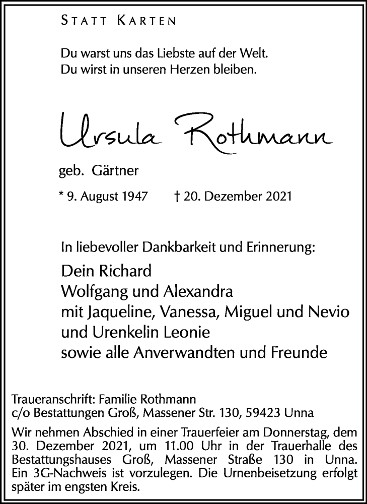  Traueranzeige für Ursula Rothmann vom 23.12.2021 aus Hellweger Anzeiger