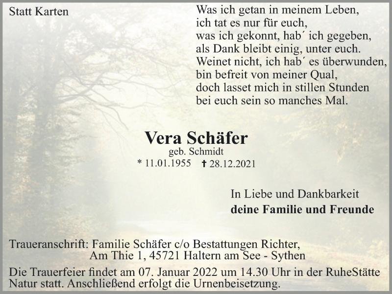  Traueranzeige für Vera Schäfer vom 31.12.2021 aus Ruhr Nachrichten und Halterner Zeitung