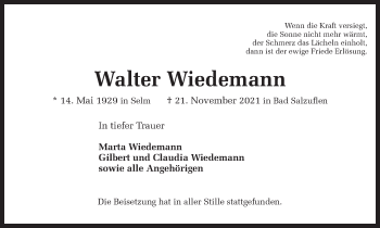 Traueranzeige von Walter Wiedemann von Ruhr Nachrichten