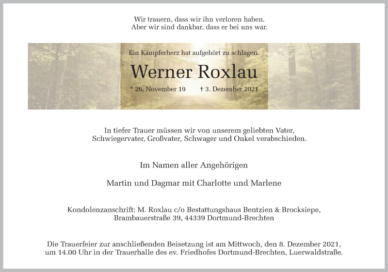  Traueranzeige für Werner Roxlau vom 04.12.2021 aus 
