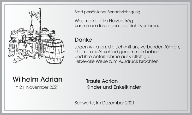  Traueranzeige für Wilhelm Adrian vom 18.12.2021 aus Ruhr Nachrichten