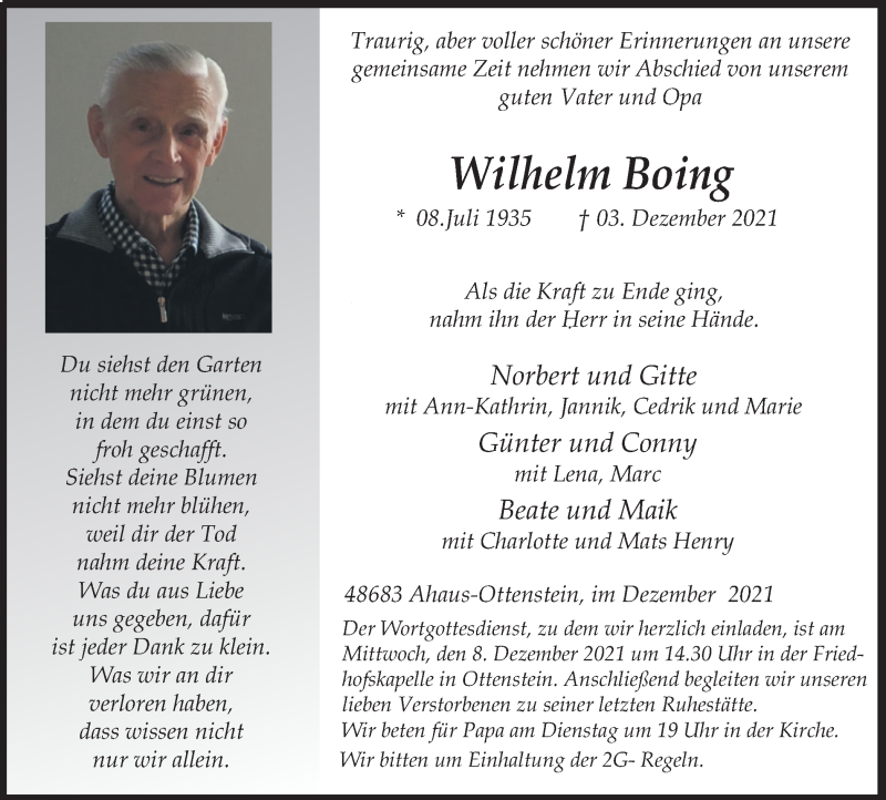  Traueranzeige für Wilhelm Boing vom 06.12.2021 aus Münstersche Zeitung und Münsterland Zeitung