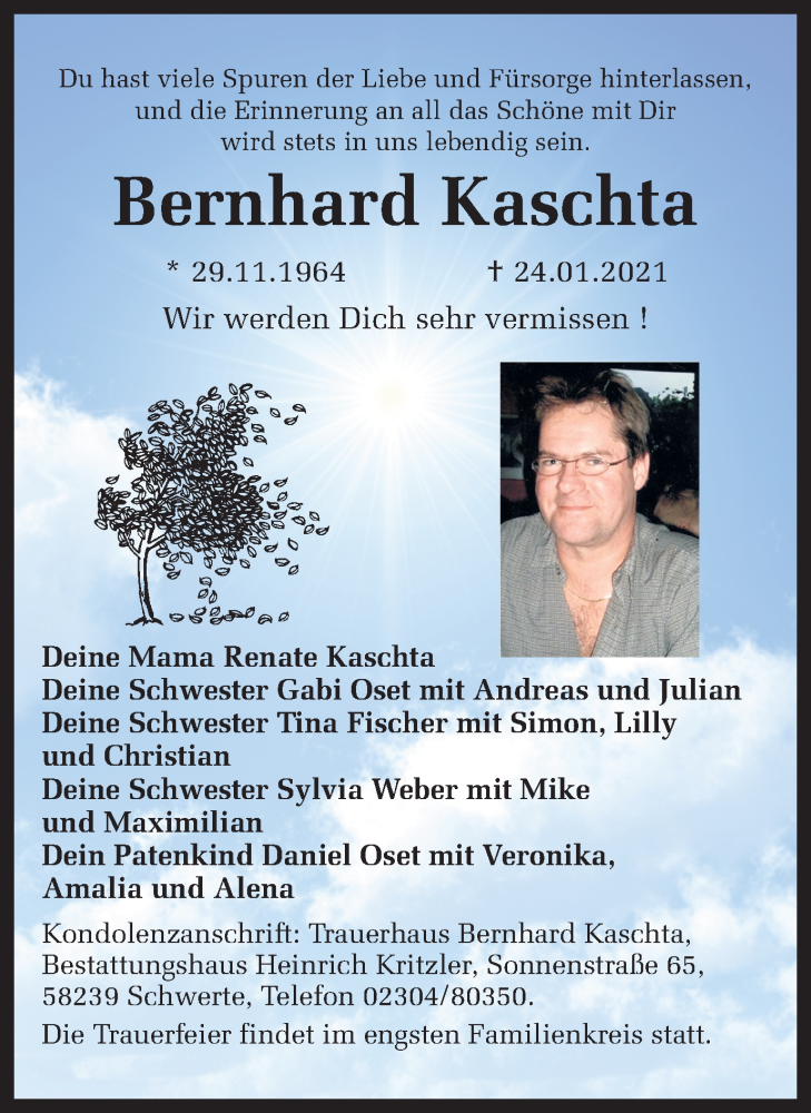  Traueranzeige für Bernhard Kaschta vom 30.01.2021 aus Ruhr Nachrichten