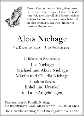 Traueranzeige von Alois Niehage von Hellweger Anzeiger