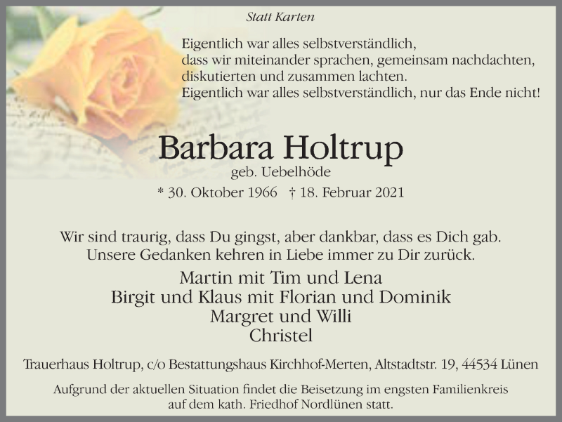  Traueranzeige für Barbara Holtrup vom 20.02.2021 aus Ruhr Nachrichten