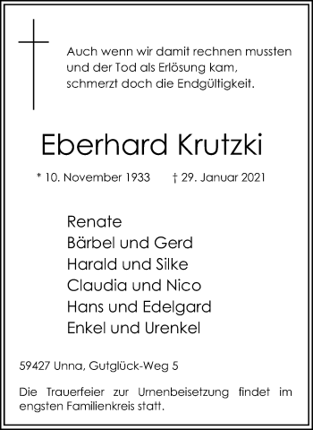 Traueranzeige von Eberhard Krutzki von Hellweger Anzeiger