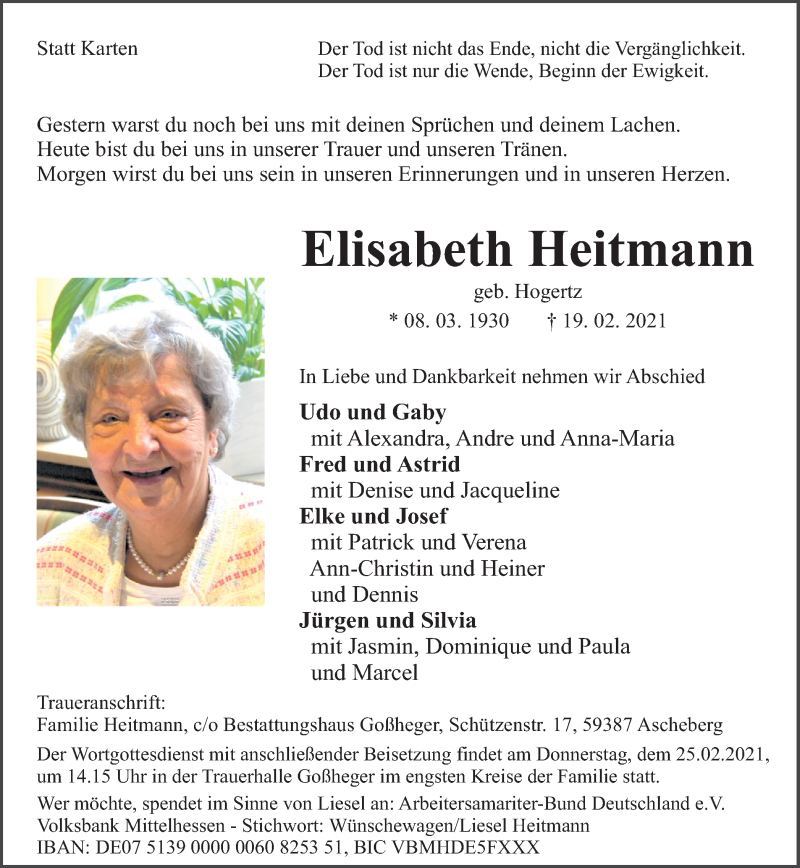 Traueranzeigen von Elisabeth Heitmann | sich-erinnern.de