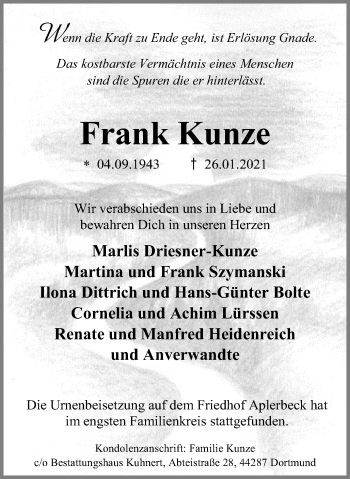 Traueranzeige von Frank Kunze 