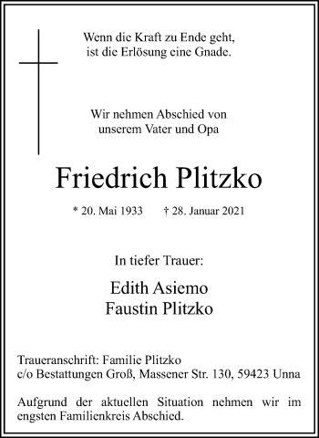 Traueranzeige von Friedrich Plitzko von Hellweger Anzeiger