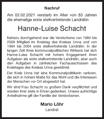 Traueranzeige von Hanne-Luise Schacht von Hellweger Anzeiger
